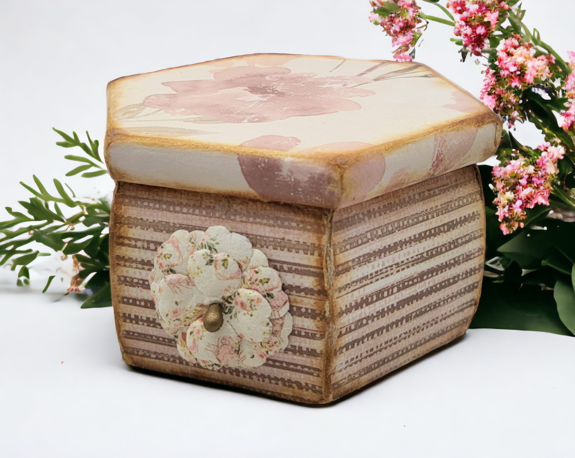 a floral and striped vintage ephemera decoupage wood box