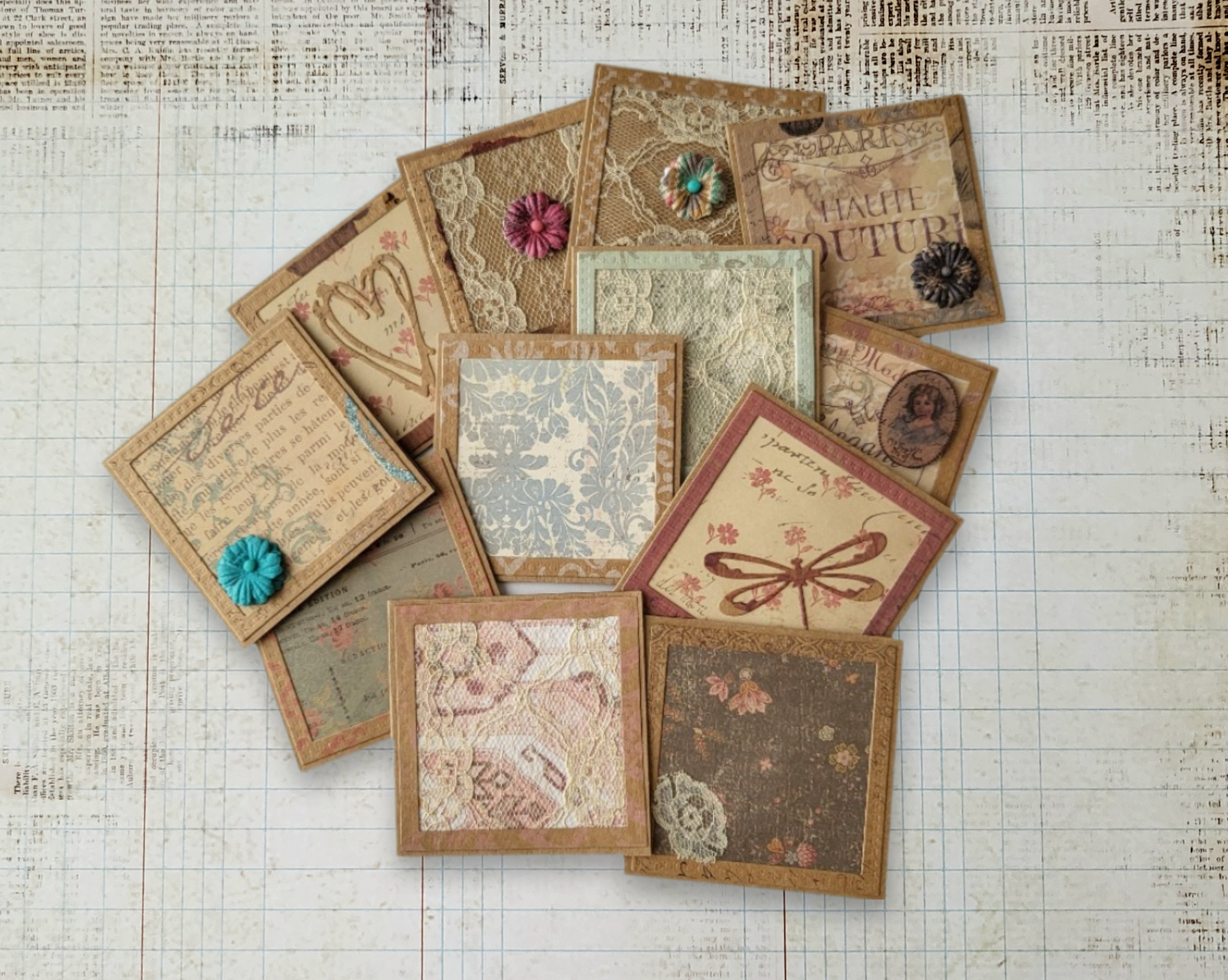 A set of 12 Blank Vintage ephemera mini note cards.