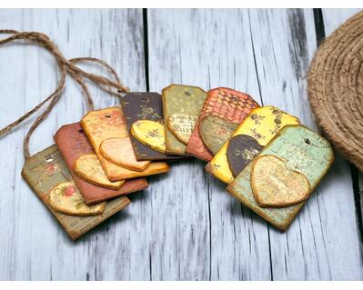 decoupage Wood gift tags with wooden hearts that are covered in vintage ephemera paper
